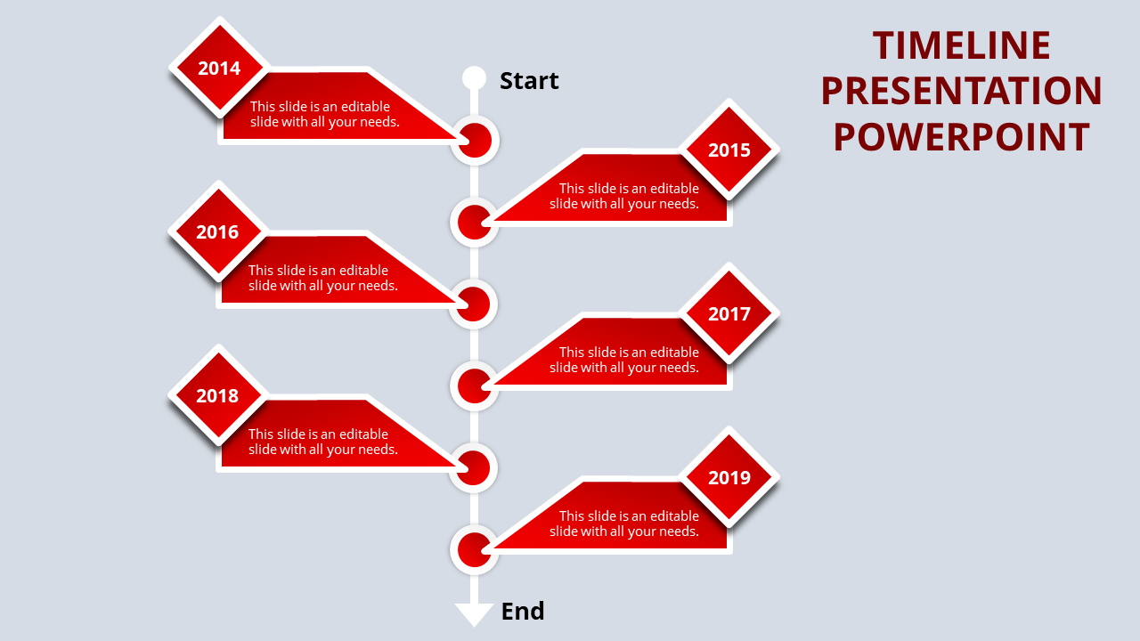 Timeline design with alternating red diamonds, years 2014 to 2019, and descriptive placeholders along a vertical axis.