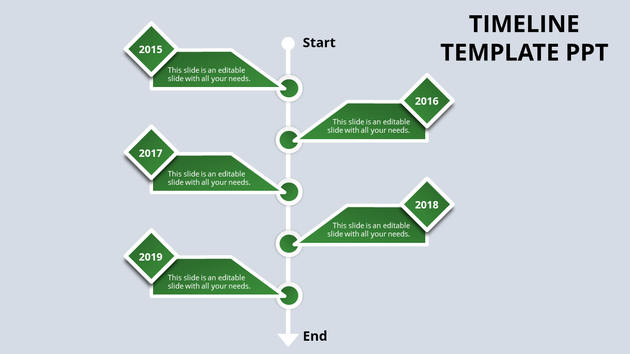 Vertical timeline with five green diamond shaped markers for years, text fields, and labeled start and end points.