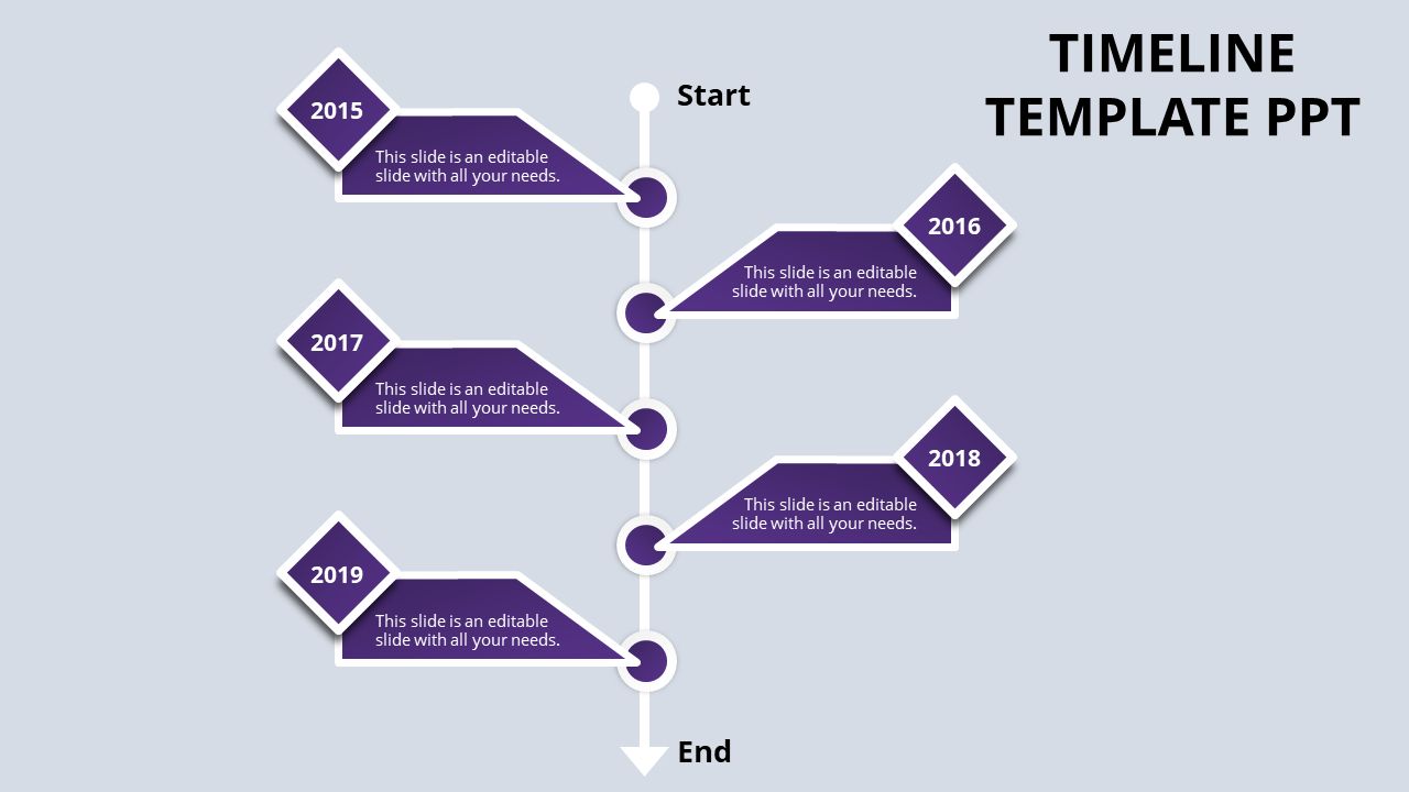 Business timeline template featuring a timeline with diamond labels for years 2015 to 2019, linked to purple text boxes.