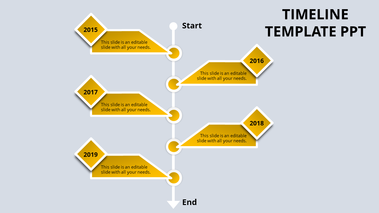 PowerPoint timeline template with yellow diamond markers for years 2015 to 2019 and caption fields.