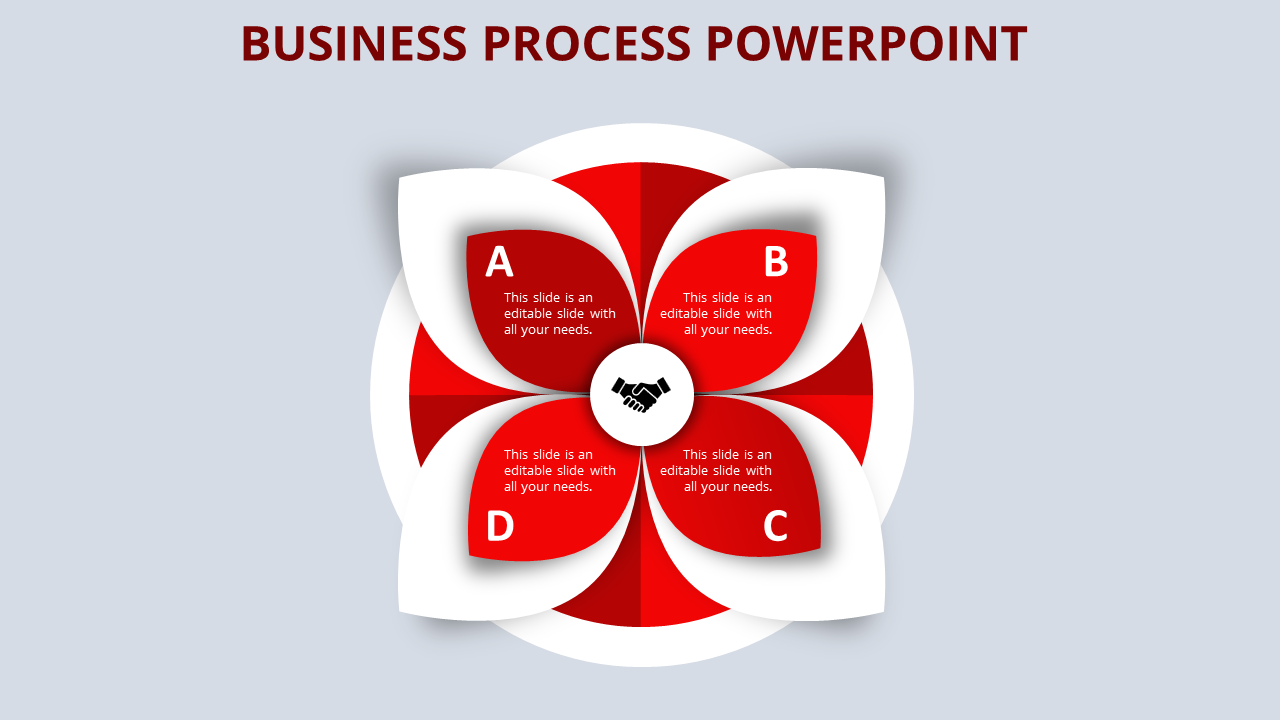 Business process PowerPoint template with four red segments A, B, C, and D, and a handshake graphic in the center.