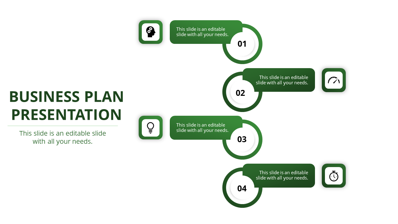 Business plan PPT slide with numbered steps 01 to 04 and icons for ideas, strategy, progress, and timing on a green theme.