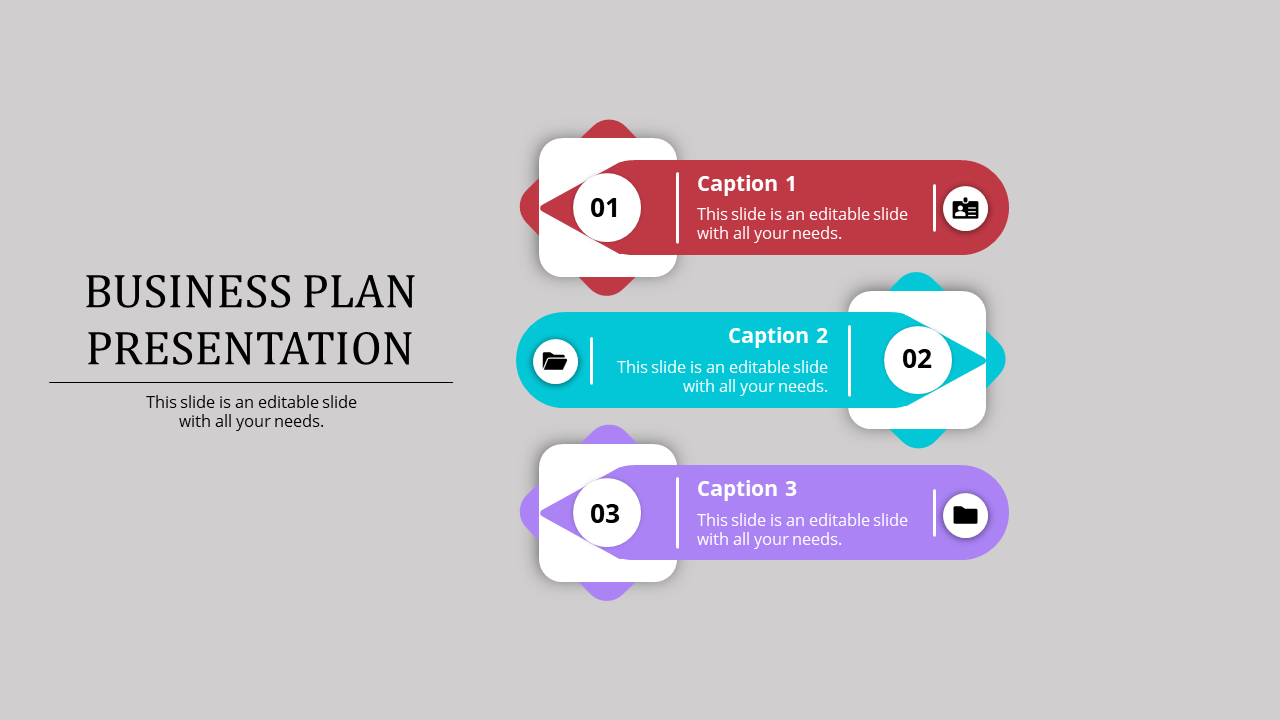 Three-step business plan infographic with banners in red, blue, and purple, each featuring a number, caption, and icon.