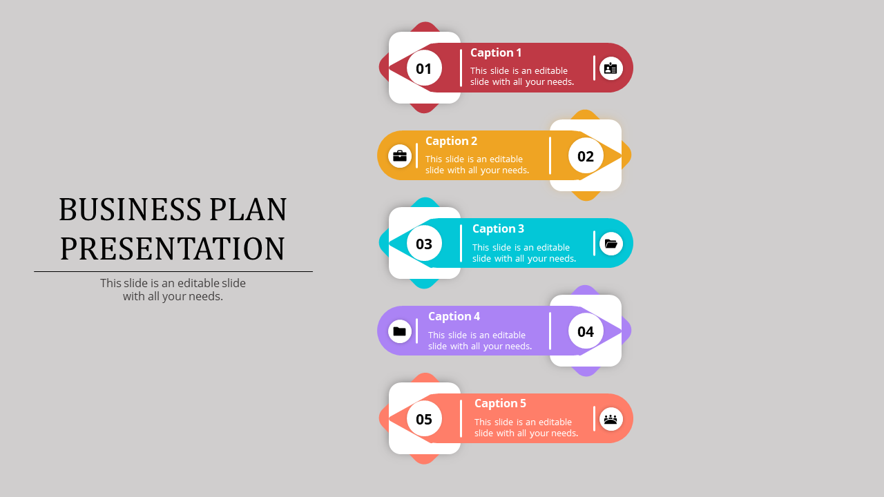 Business plan PPT slide with five steps, each numbered 01 to 05, featuring colorful icons and captions for each step.