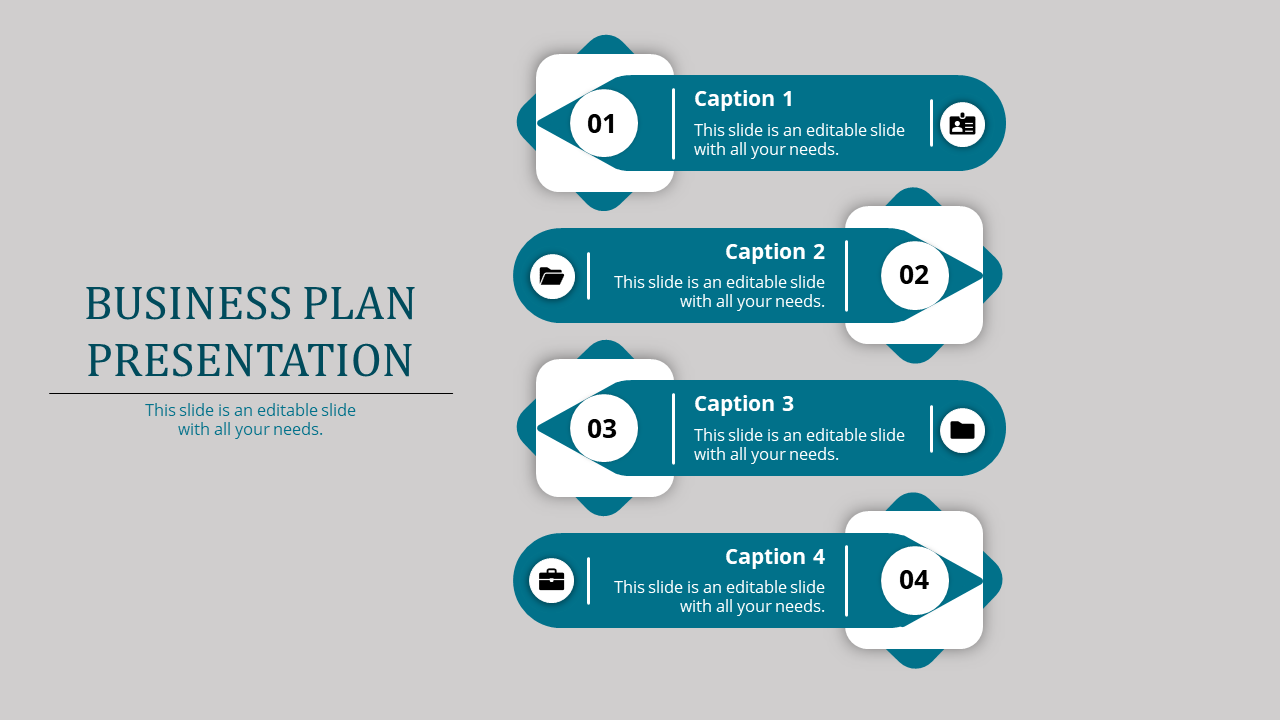 Business plan presentation slide with four blue steps, each featuring an icon and caption.
