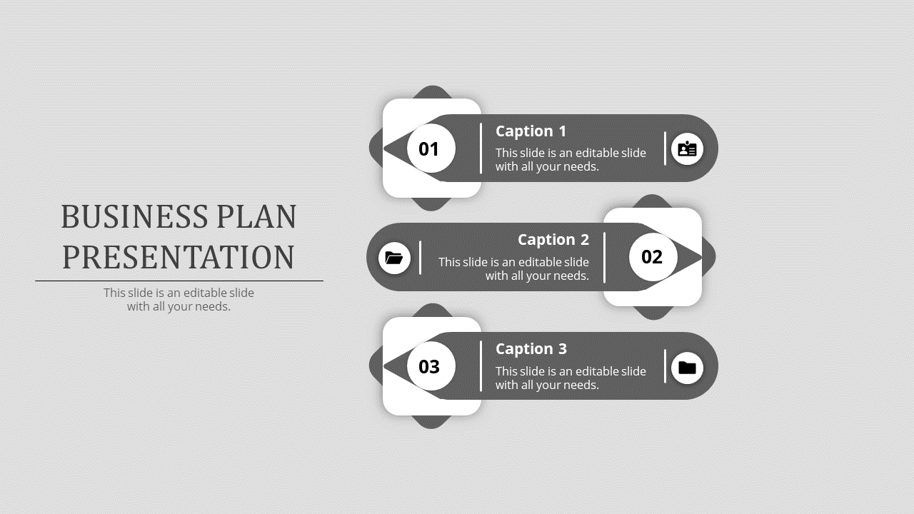Monochrome business plan infographic with three steps, numbered circles, captions, and business-related icons in grayscale.