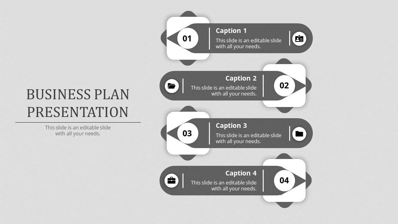 Horizontal business plan layout with four gray highlights, numbered steps, and white boxes arranged vertically.