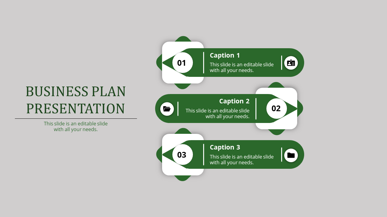 Business plan presentation slide with three green steps, each featuring a numbered label and an icon with captions.