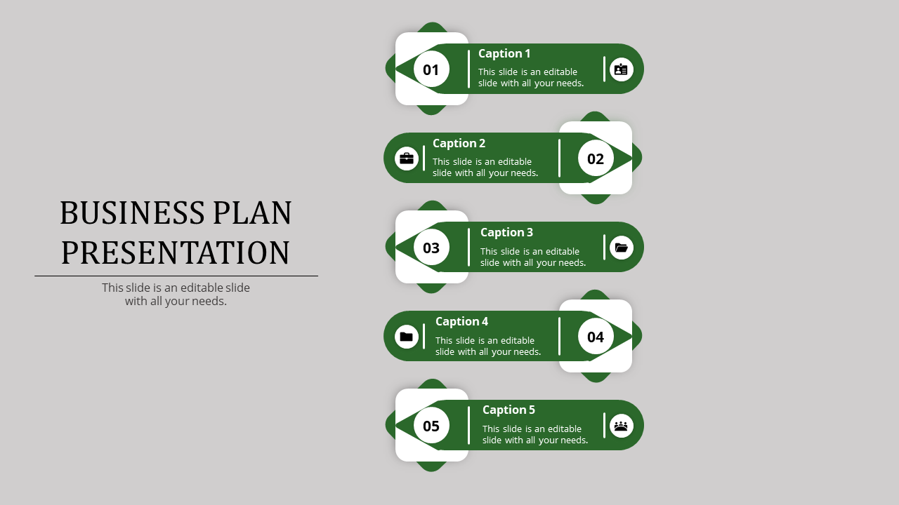Vertical business plan layout with five steps, featuring green highlights and icons indicating progress on a light backdrop.