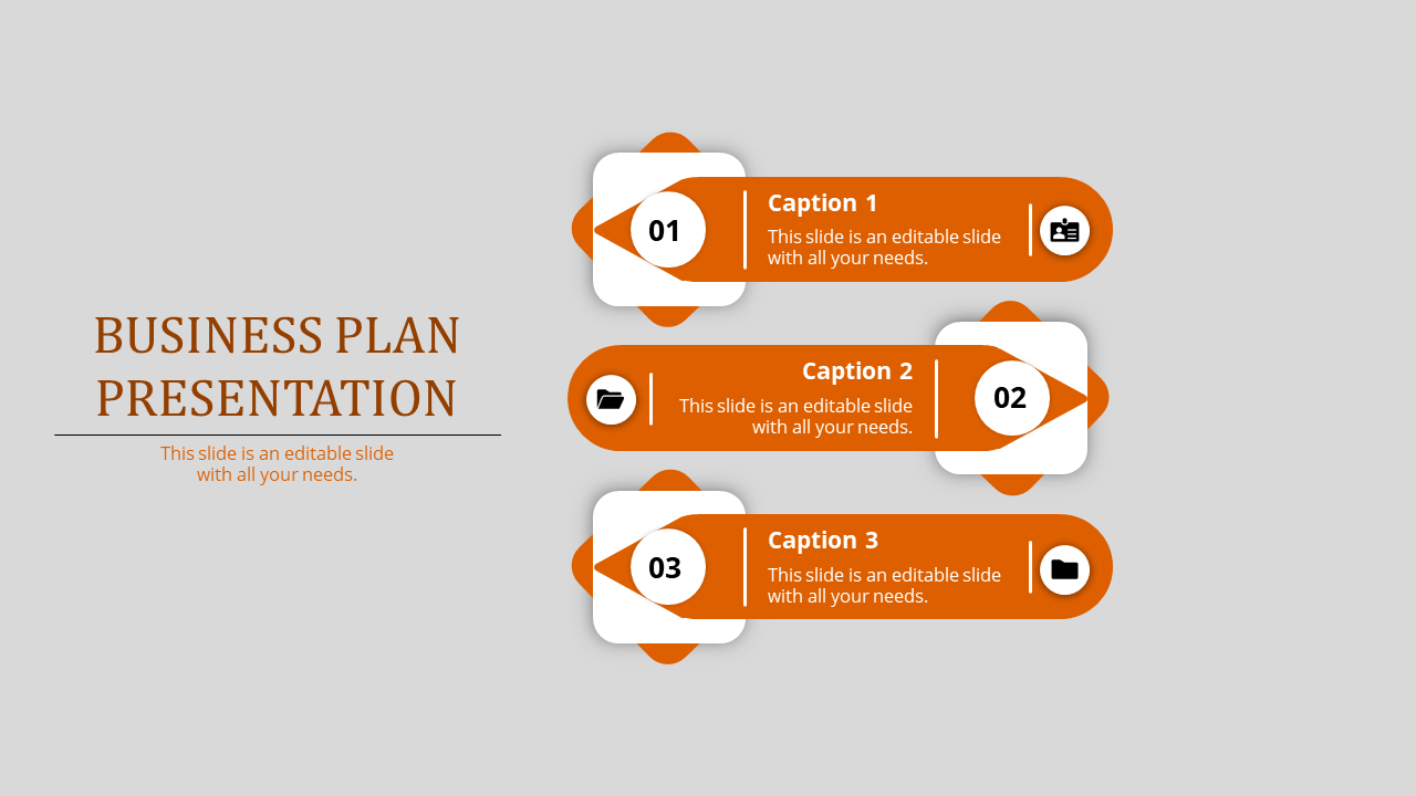 Three step business plan presentation with white boxes, featuring orange accents, icons, and captions arranged vertically.
