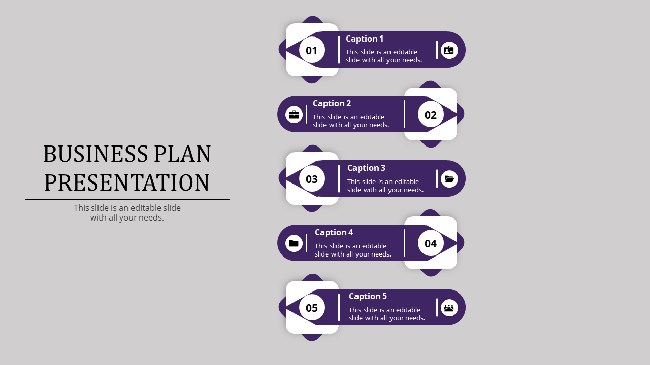 Modern business strategy slide featuring a clean five-step layout with purple and white elements, icons, and placeholders.