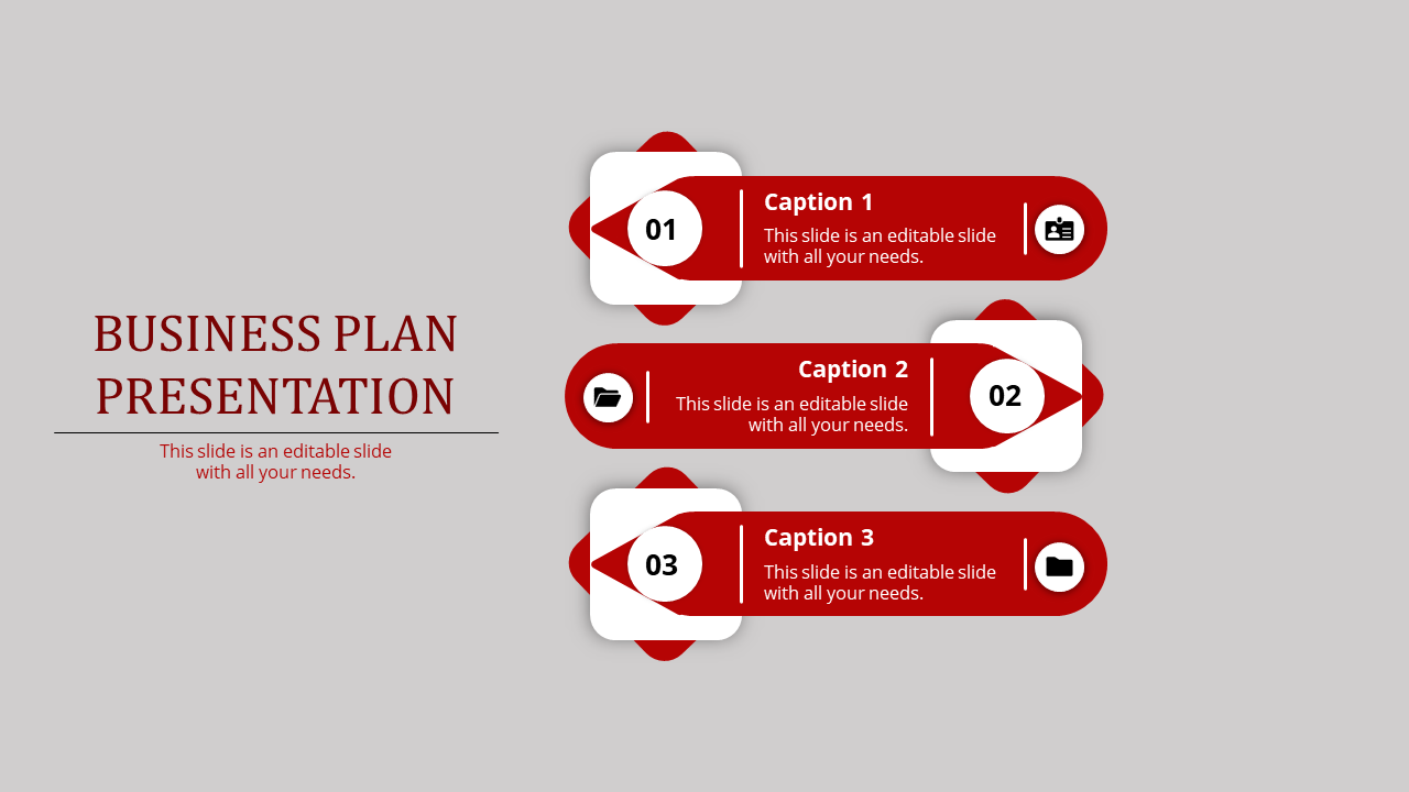 Three step business slide with red and white sections, featuring numbered icons, and captions, on a gray background.