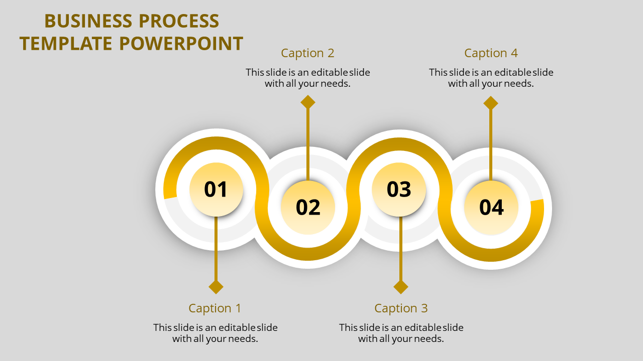 Four-step business process infographic with yellow elements, numbered steps, and captions connected by a curved path.