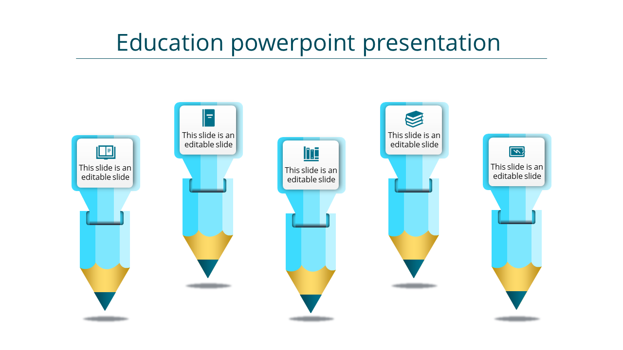 Education PowerPoint presentation template with five blue pencils, each representing a different concept, with icons.