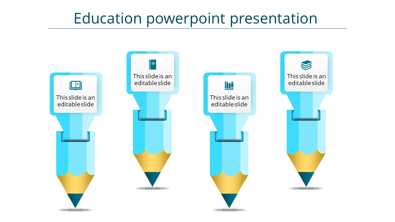 Education PowerPoint template with four blue pencils, each representing a different topic with icons and text sections.