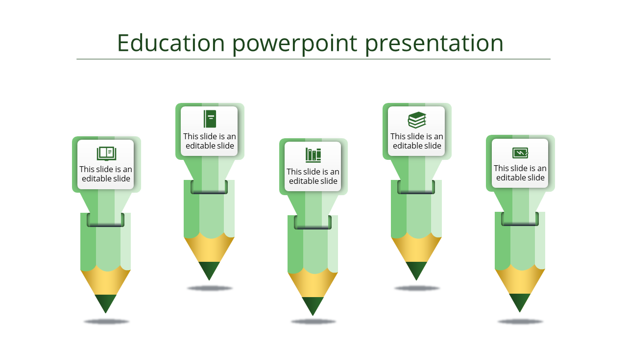 Educational infographic with five pencil shaped designs in green and gold, each topped with a labeled text box.