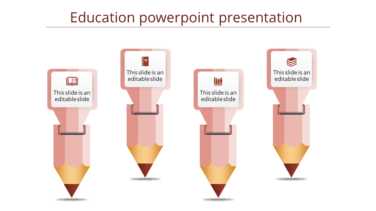 Four pencil themed infographic elements with educational icons and text boxes, symbolizing key aspects of learning.