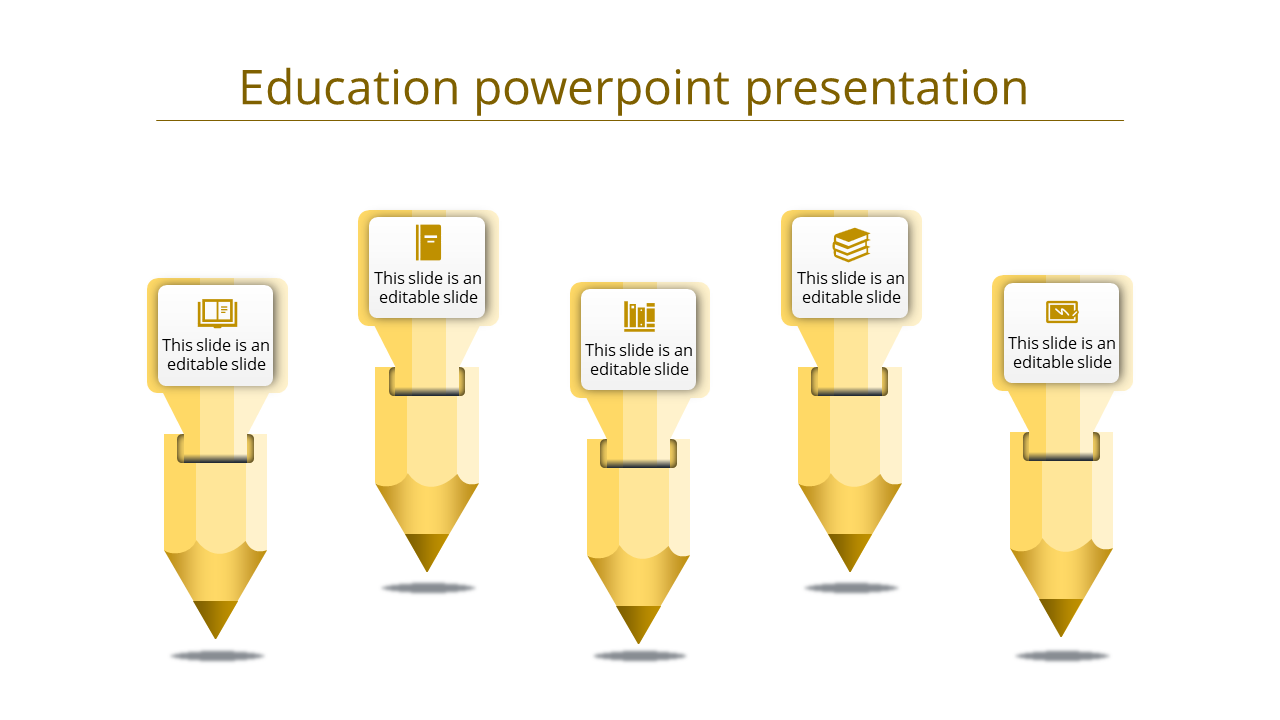Five yellow pencil themed infographic elements with educational icons and text boxes, arranged in a row.