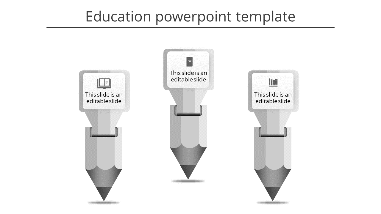 Three grayscale pencil themed infographic elements with educational icons and text boxes, symbolizing key learning concepts.