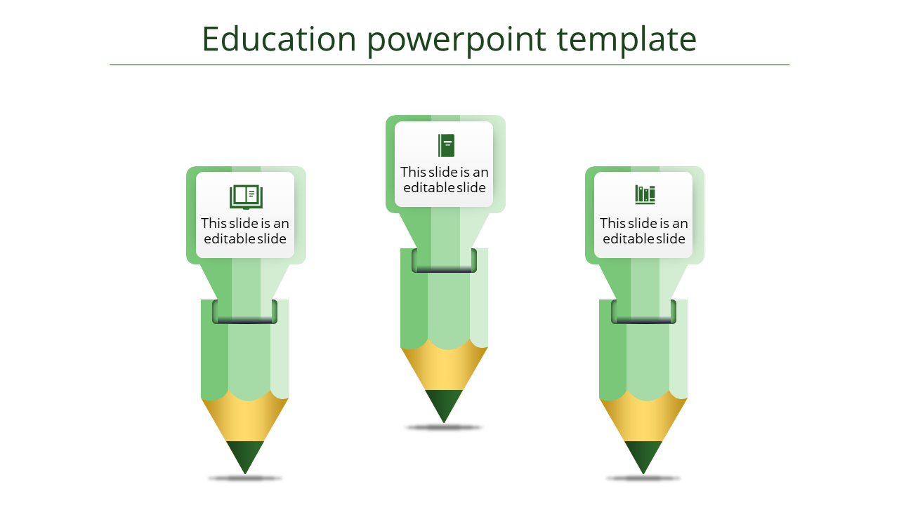 Educational infographic featuring three green pencils with icons for books, documents, and data charts on the top.