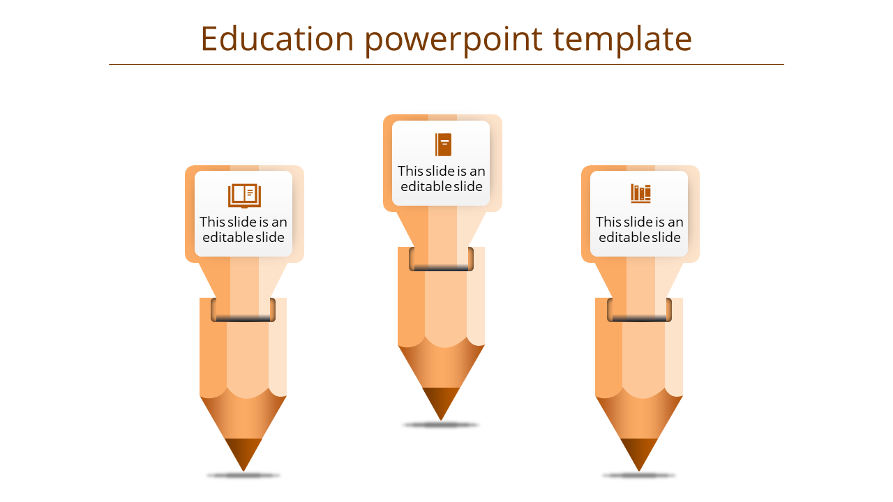 Education slide featuring three orange pencils with icons on top, arranged vertically on a white background.