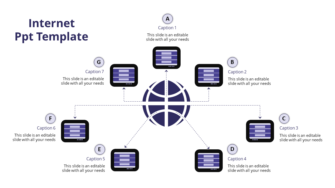 Internet connectivity concept with a dark purple global network symbol branching out to seven digital screens.