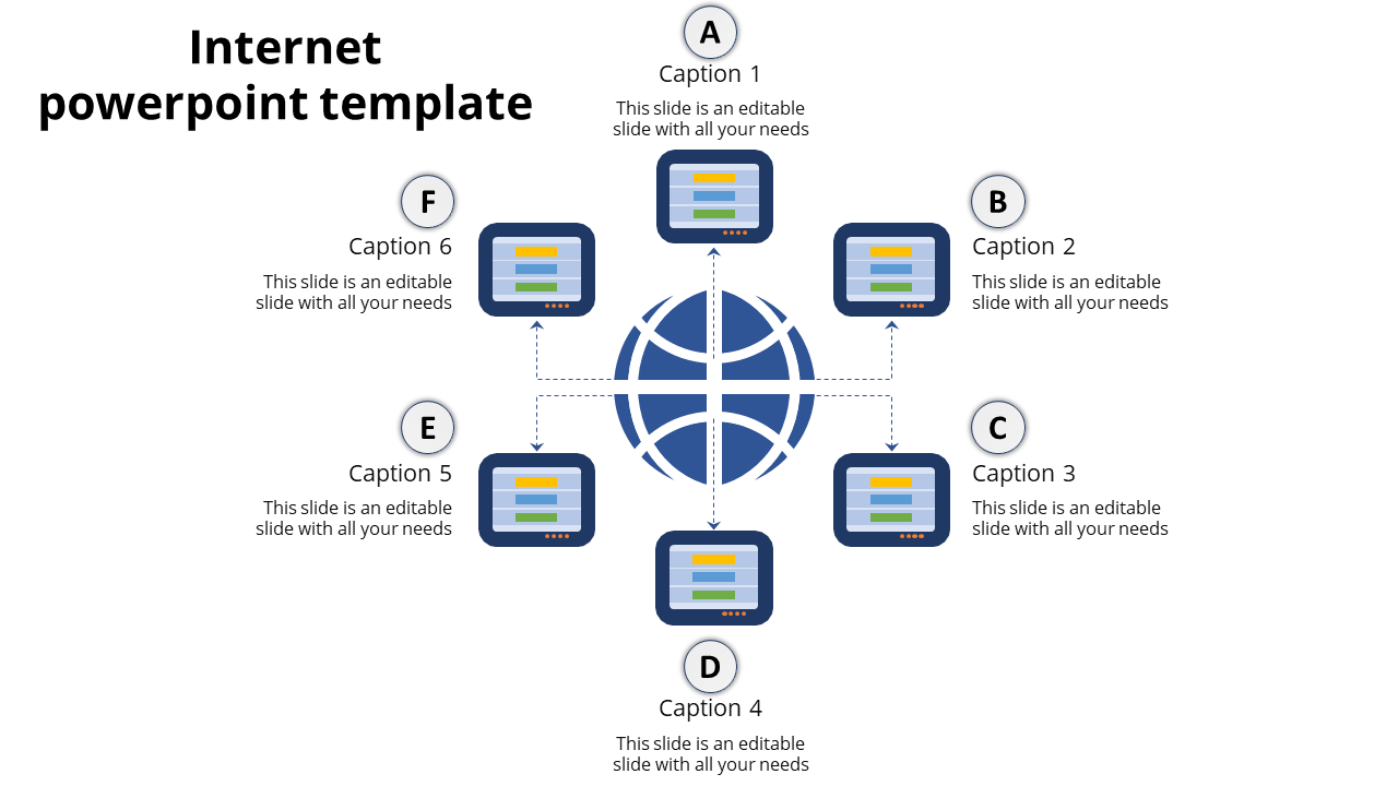 Network diagram with a central blue globe icon connected to six computer screens labeled A to F, each featuring data charts.