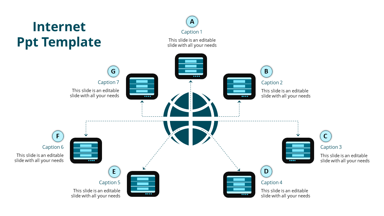 Seven surrounding icons connected to a central globe by dotted arrows in a blue and black themed layout.