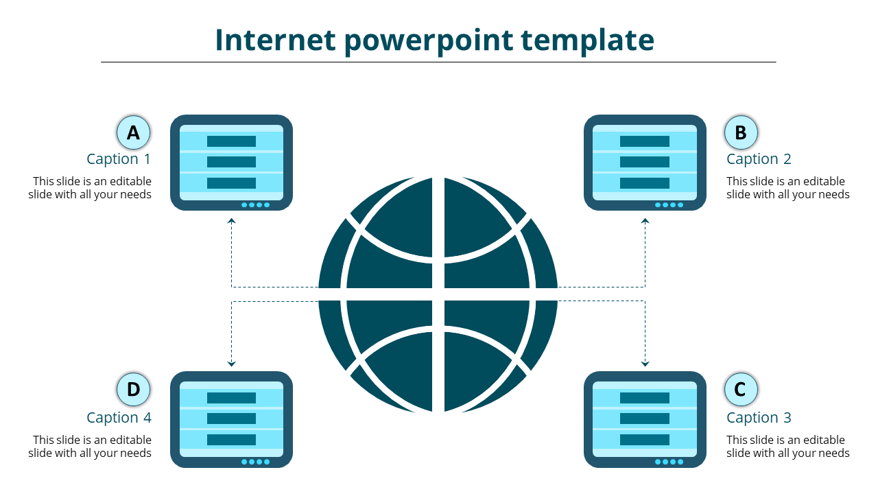 Internet network diagram with a central globe icon connected to four computer screens, each labeled with caption areas.