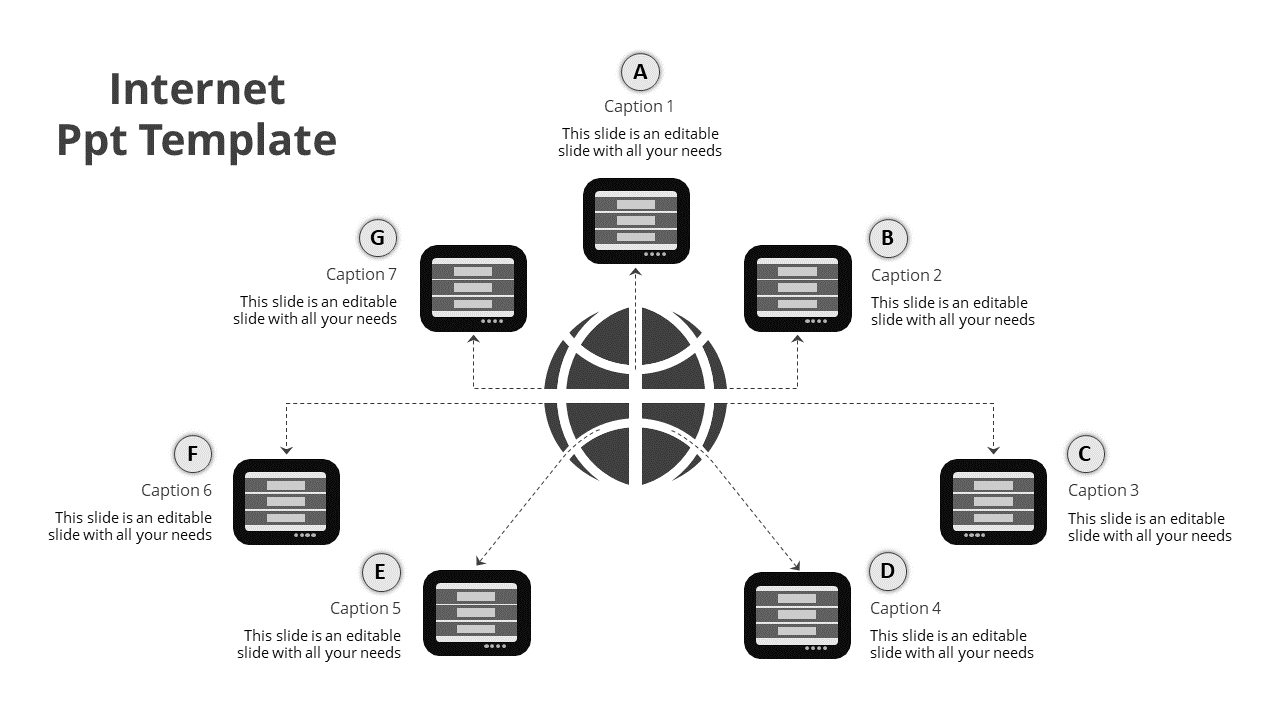 Gray themed slide showing a globe in the center linked by dotted arrows to eight black rectangular icons with captions.
