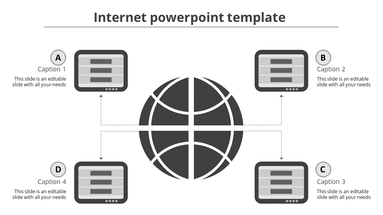 Monochrome network infographic featuring a central globe connected to four screens, representing digital communication.