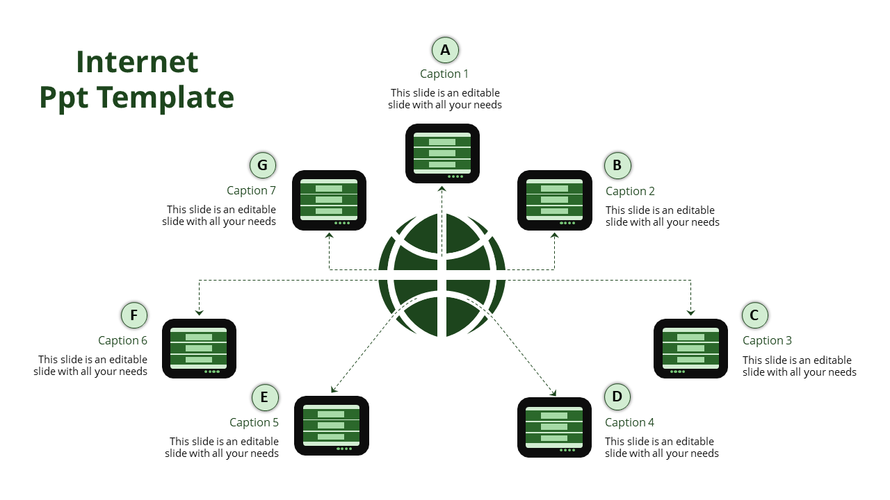 Internet connectivity concept with a dark green global network symbol branching out to seven digital screens through  arrows.