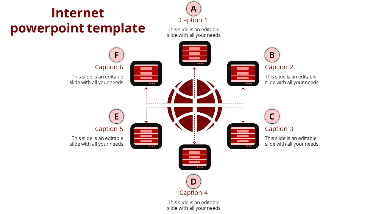 Internet themed infographic featuring a central globe and six connected red sections labeled with A to F.