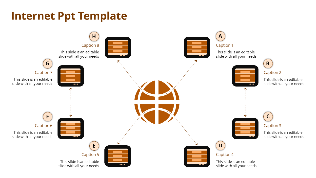 Internet communication concept displaying a network symbol at the center, connected to eight digital screens in orange.