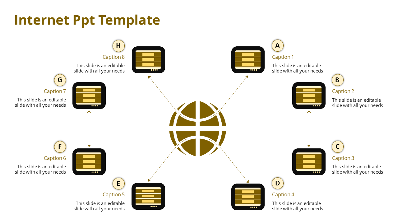 Yellow themed infographic with a central globe connected to eight surrounding icons with dotted arrows.