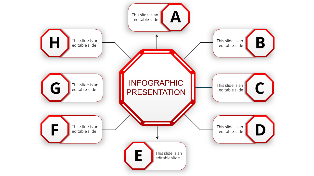 Infographic presentation slide with a central hexagon and eight red surrounding sections with placeholder text.