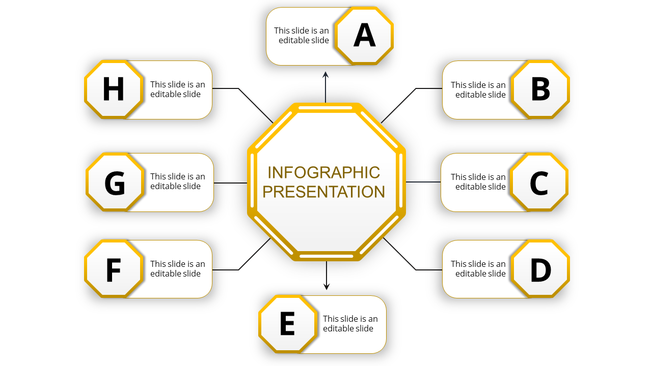 Infographic presentation slide with a central hexagon and eight yellow surrounding sections with placeholder text.