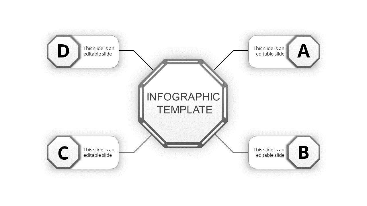 Gray themed infographic with a central octagon linked to four sections labeled A, B, C, and D.