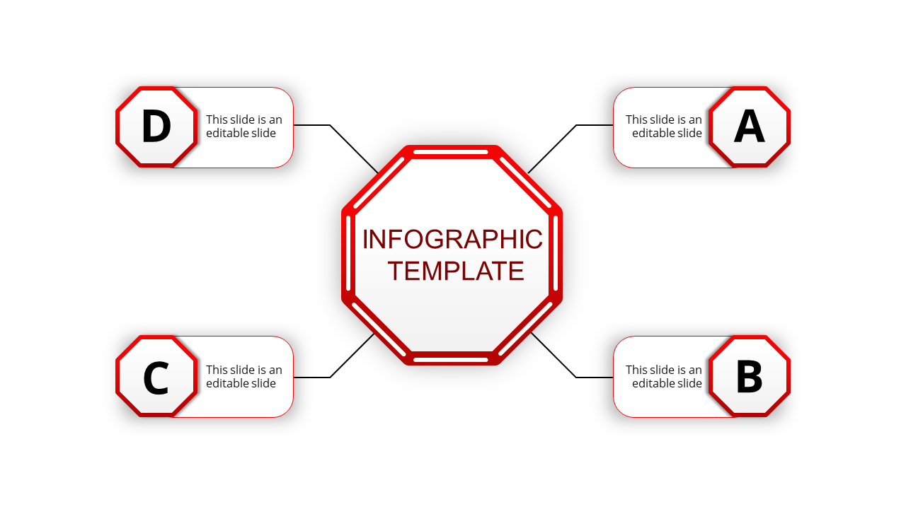 Infographic PPT template with a central node labeled text and four surrounding red sections labeled A to D.