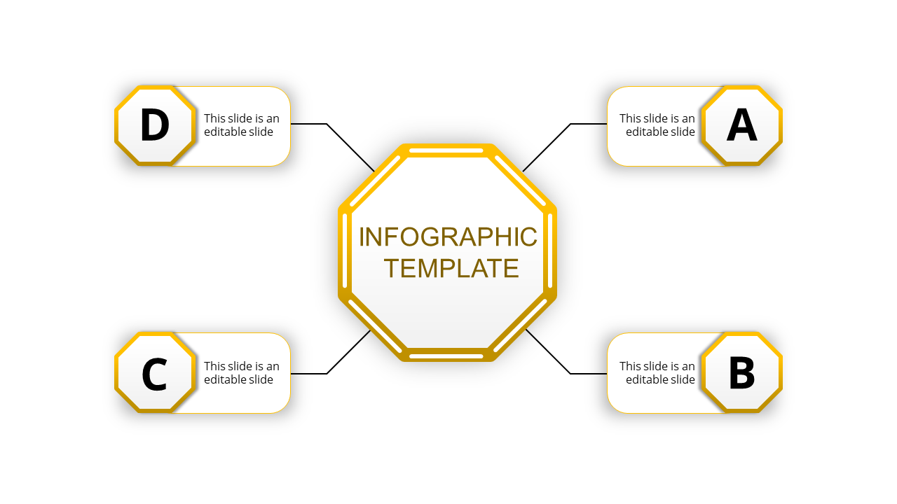 Infographic PPT template with a central node labeled text and four surrounding yellow sections labeled A to D.