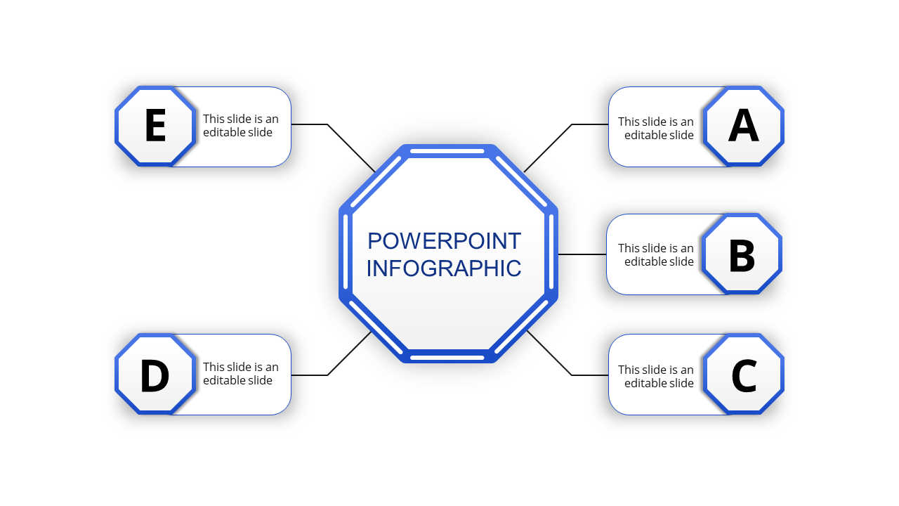 Infographic PPT slide with a central title and surrounding five blue sections labeled A through E with placeholder text.