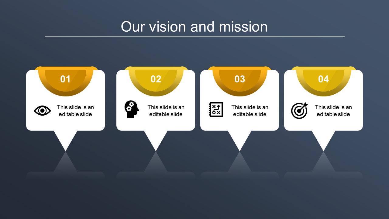 Vision and mission PowerPoint template with icons and yellow numbered sections with placeholder text. 