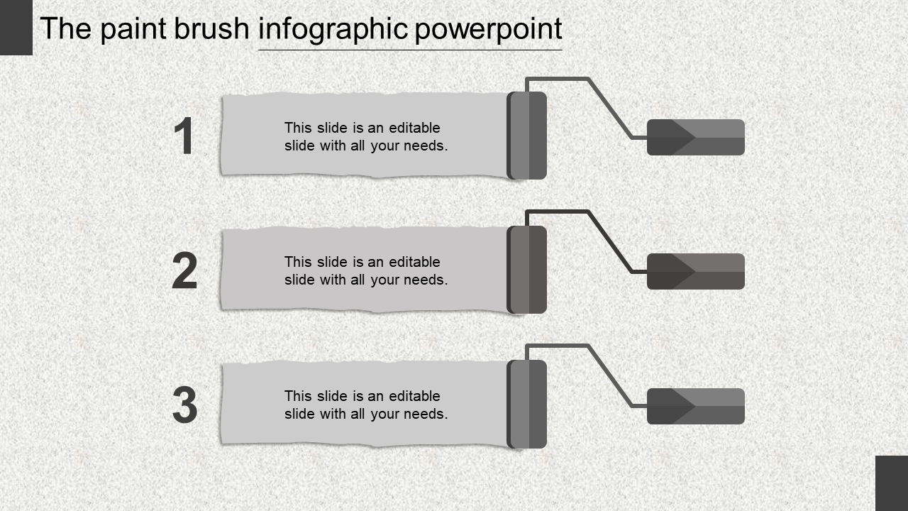 Three gray paintbrush shapes with numbered sections on a textured background, each connecting to rectangles.