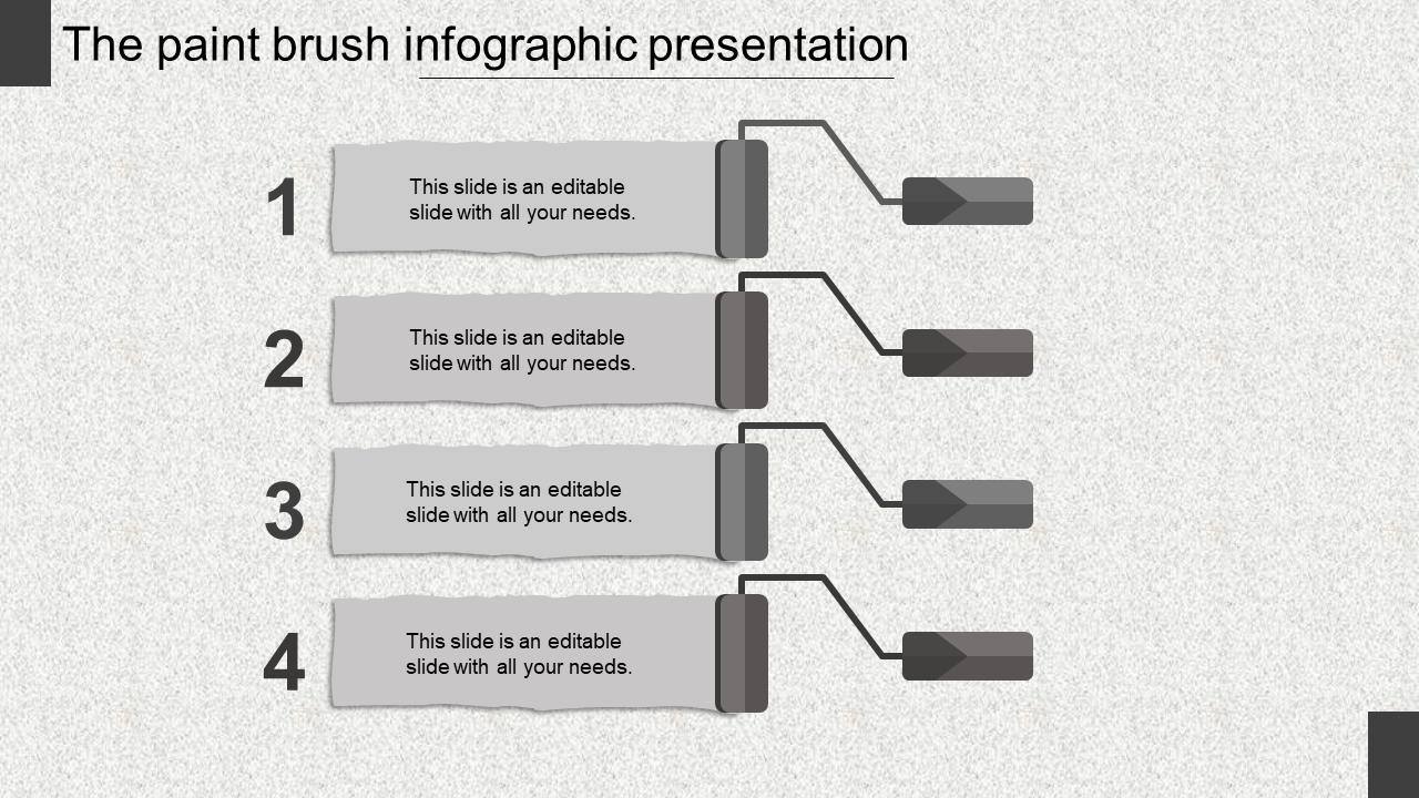 A grey paint brush themed infographic presentation with four numbered sections, each with placeholder text.