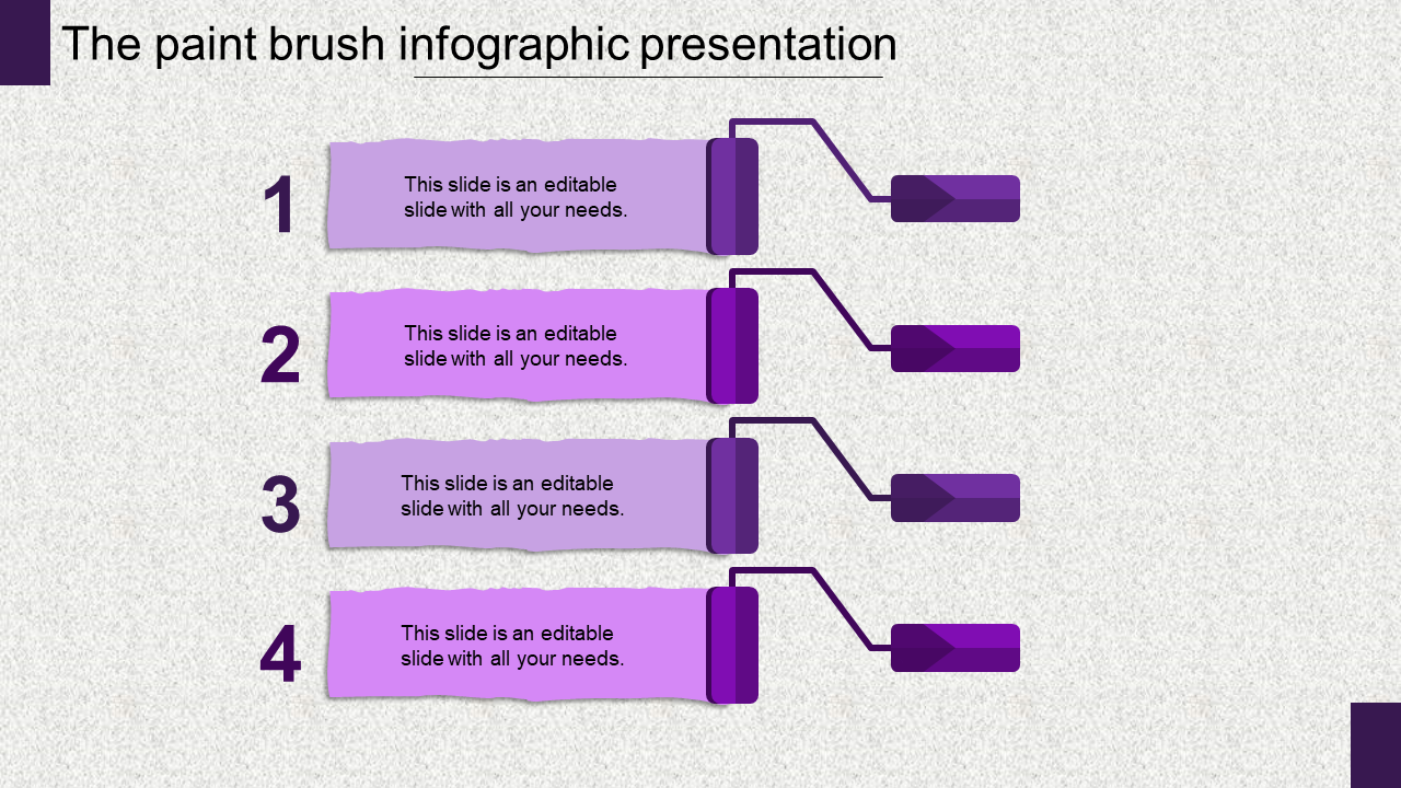 Four numbered purple paintbrush sections connected to left aligned rectangular blocks, on a gray background.