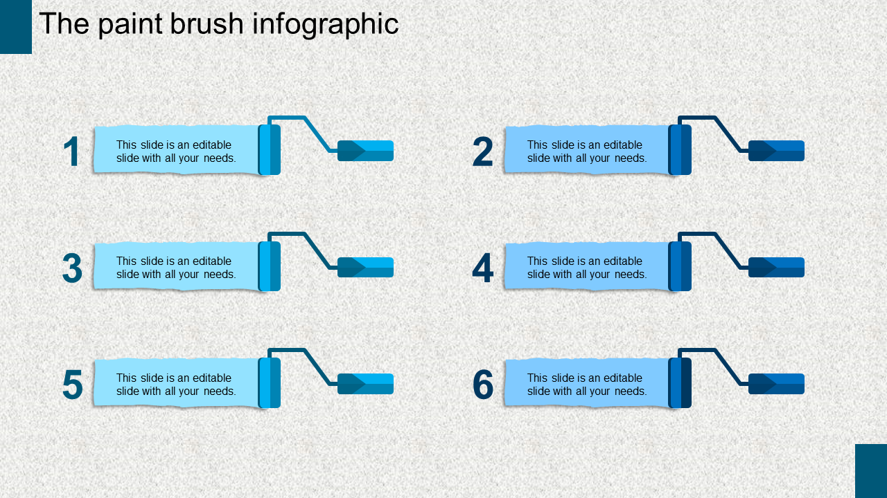 Infographic PowerPoint template with six numbered blue paintbrush icons connected to text boxes.