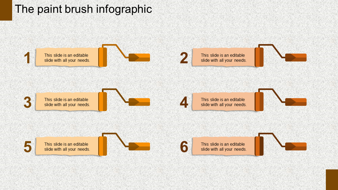 Infographic PowerPoint template with six numbered orange paintbrush icons connected to text boxes.