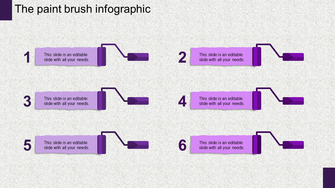 Six numbered purple paintbrush graphics with text boxes, aligned in two vertical columns on a textured gray background.