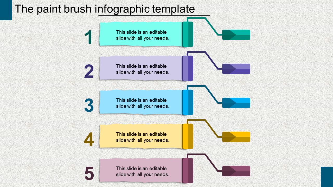 Infographic slide featuring five colorful paint arranged vertically, each connected to a labeled section for captions.