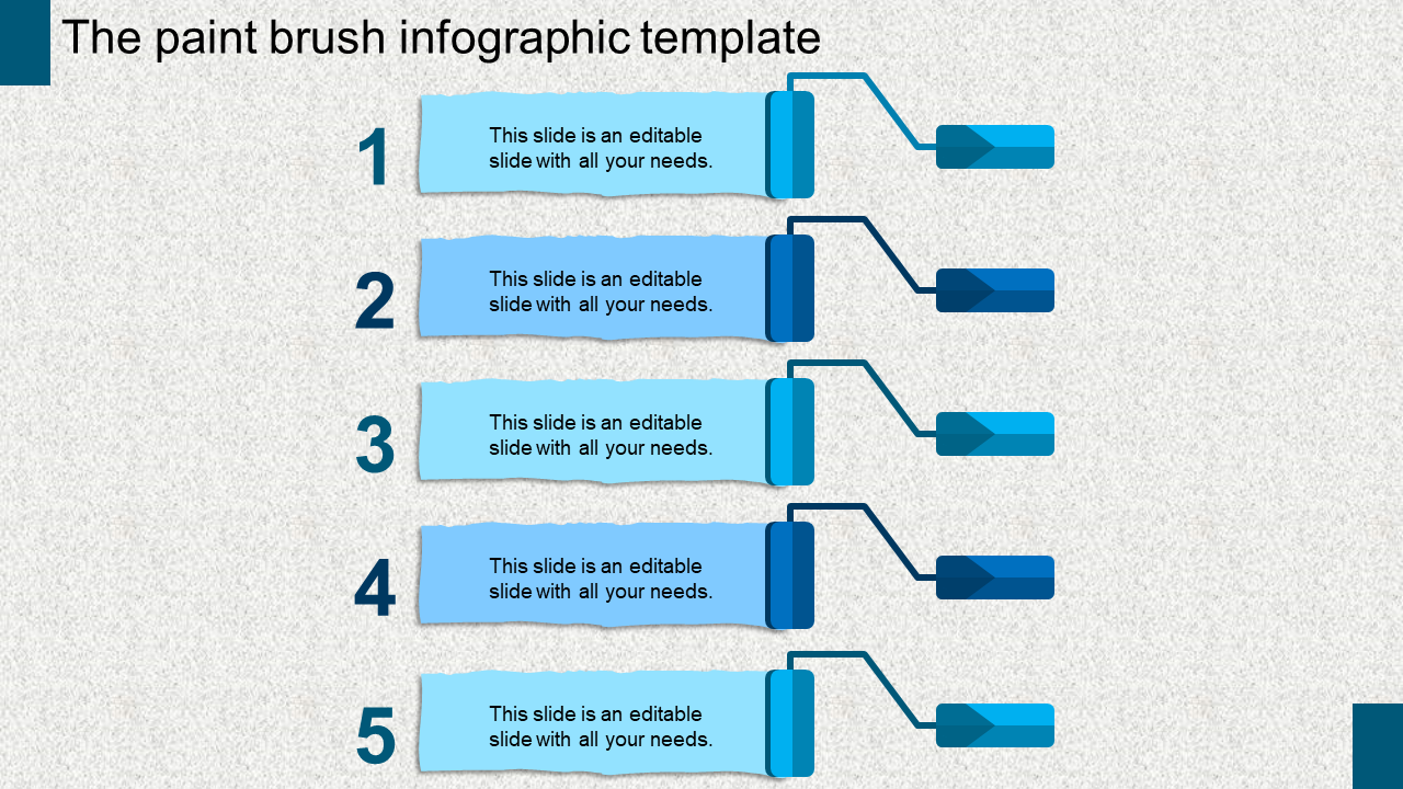 Slide featuring five numbered text blocks connected to blue paintbrush shapes on a textured gray backdrop.